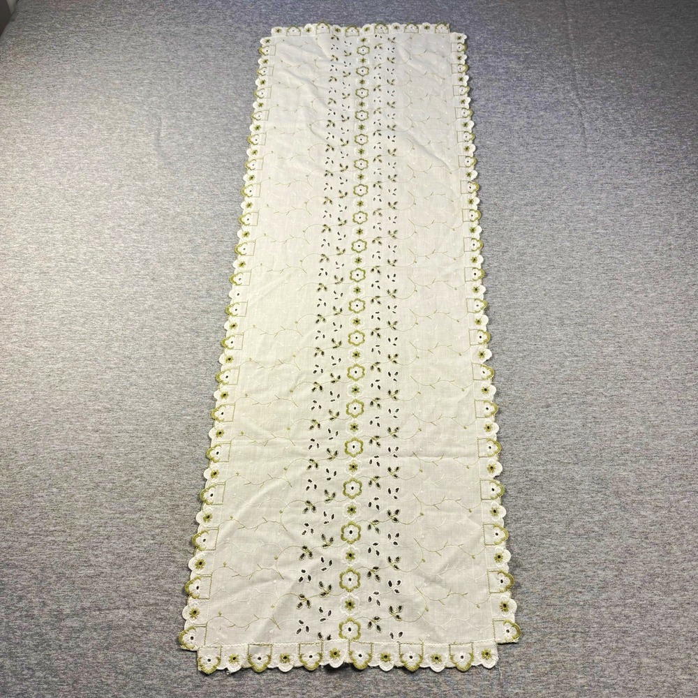 White Green Cotton Embroidered Table Runner, Scalloped Edge, 12.5X39 Inches